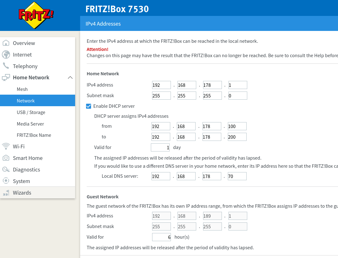 Screenshot of Fritz!Box DHCP Settings