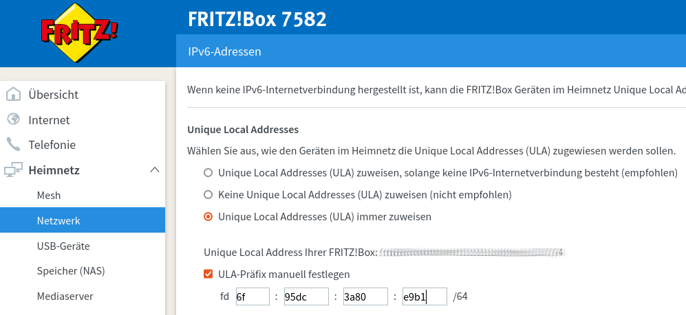 Screenshot der Fritz!Box IPv6 Adressen Einstellungen