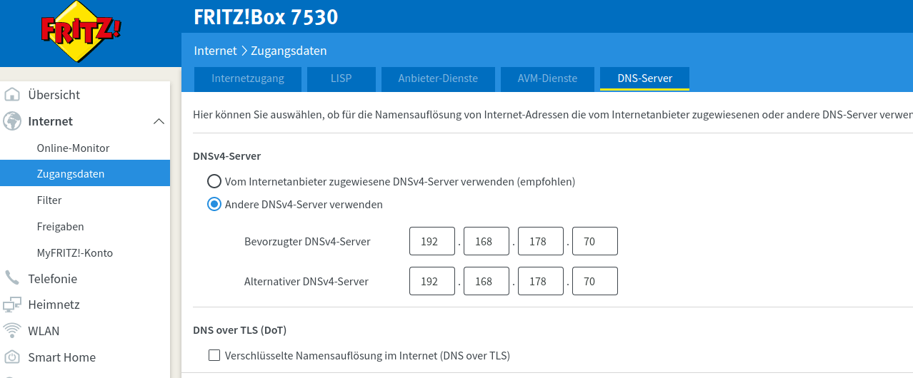 Screenshot der Fritz!Box WAN DNS Konfiguration